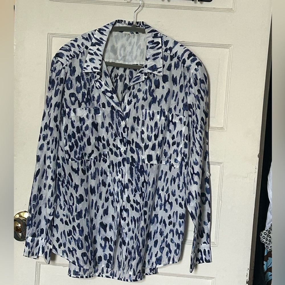 SILK • Blue and White Leopard Print Blouse